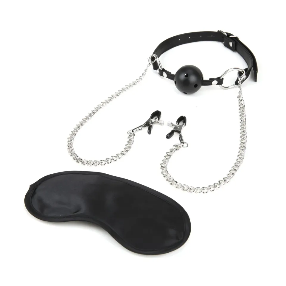 Lux Fetish Ballgag Ademend met Tepelklemmen en Ketting